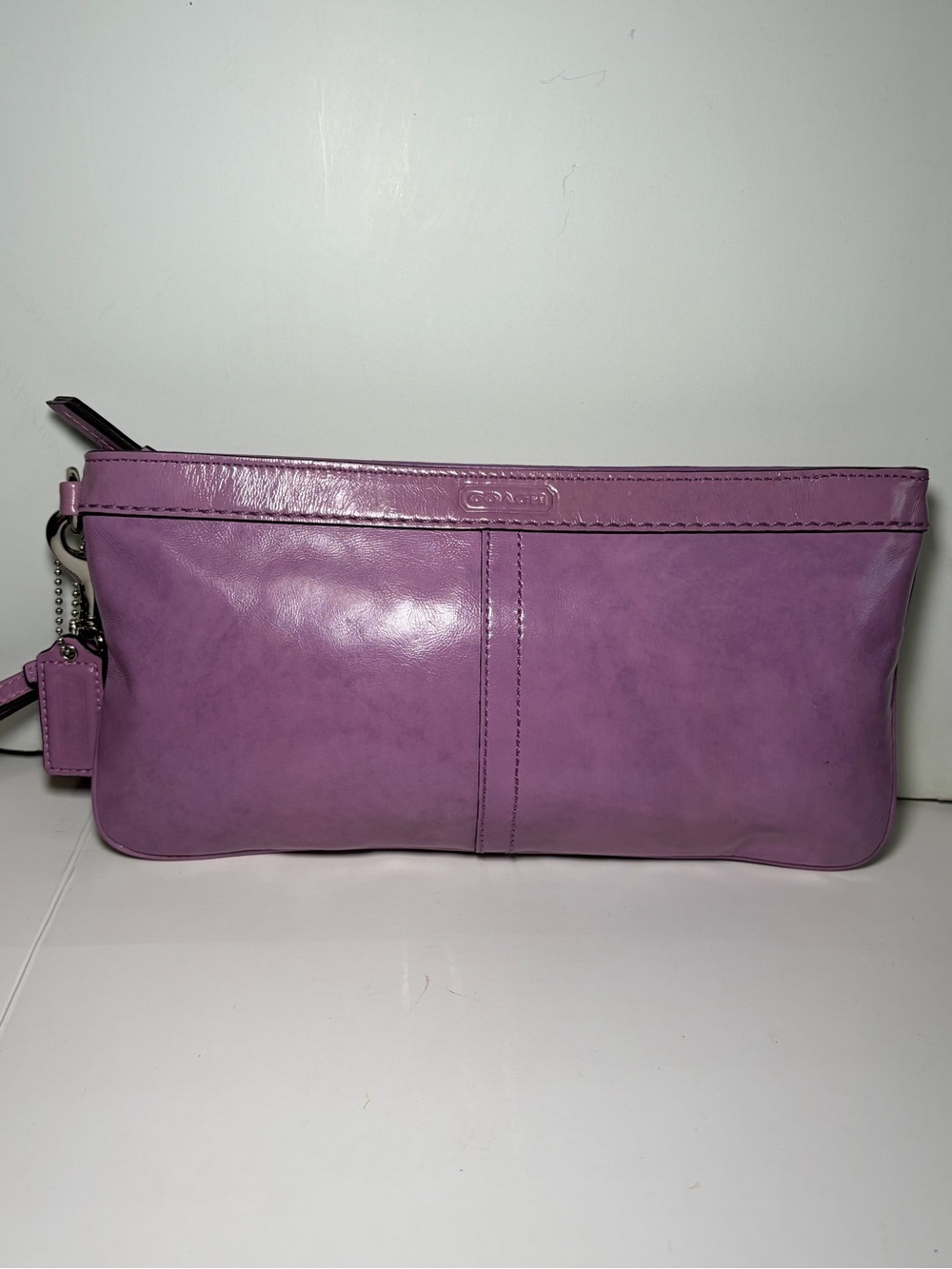 Vintage Coach Purple Leather Wristlet Clutch Bag Lilac Lavender Silver Hardware